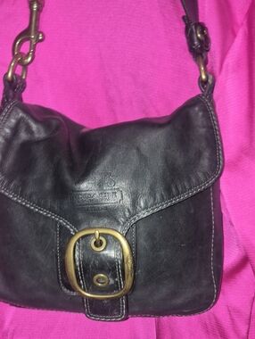 Coach Black Leather Crossbody with Brass Buckle